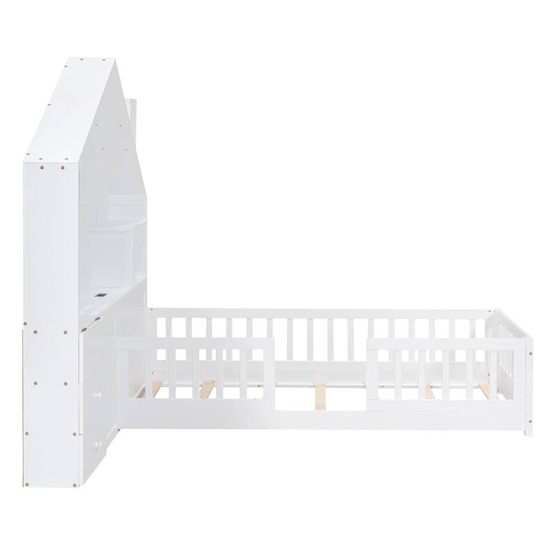 White Wooden House Platform Bed with Window and Roof, Bedside Drawers, Shelves, Sockets, and USB Port