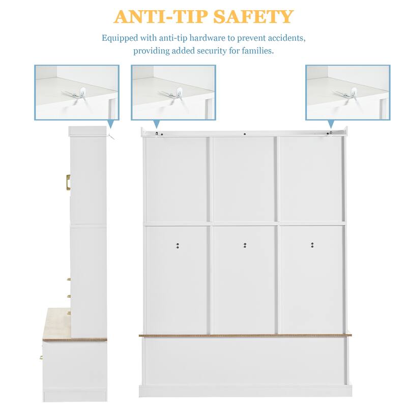 75" Hall Tree with Bench, 6 Drawers, 3 Cabinets & Coat Rack, 5-in-1 Entryway Storage