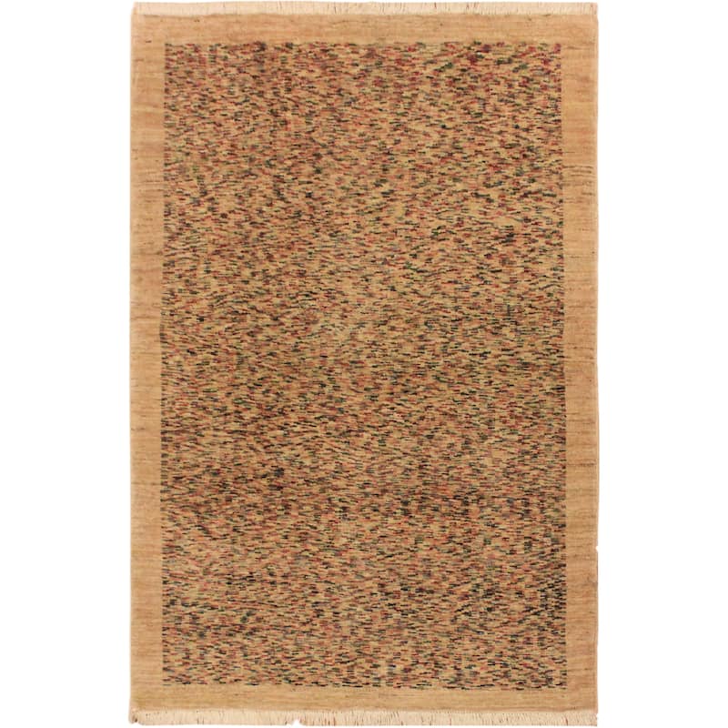Modern Minimalist Gabbeh Hand Knotted Wool Area Rug - 3'5'' x 4'9'' - Tan/Blue/Red/Green