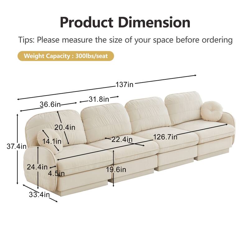 GDFStudio Alden Voss 137" Chenille Cloud 4-Seater Sofa with Quilted Back Cushions, Deep Seat