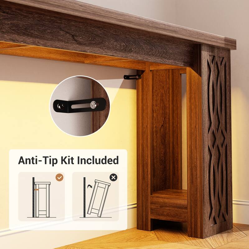 47" Farmhouse Console Table with RGB LED Light ＆ Power Outlets, Unique Carved Design Farmhouse Entryway Table Sofa Table