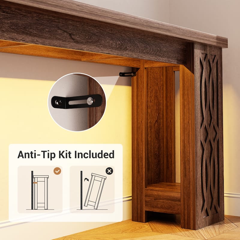 63" Farmhouse Console Table with RGB LED Lights ＆ Power Outlets, Unique Carved Design Entryway Table, Wooden Sofa Table