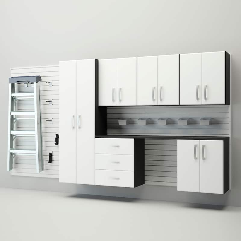 Flow Wall 24 Piece PVC Indoor Deluxe Cabinet Storage Set - White Slatwall / White Cabinets