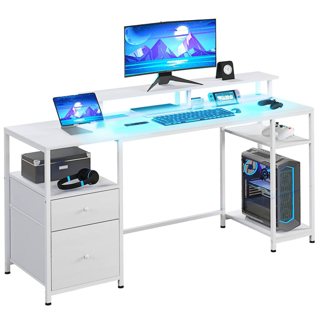 61" Computer Desk with LED Lights, Power Outlets, and USB Ports