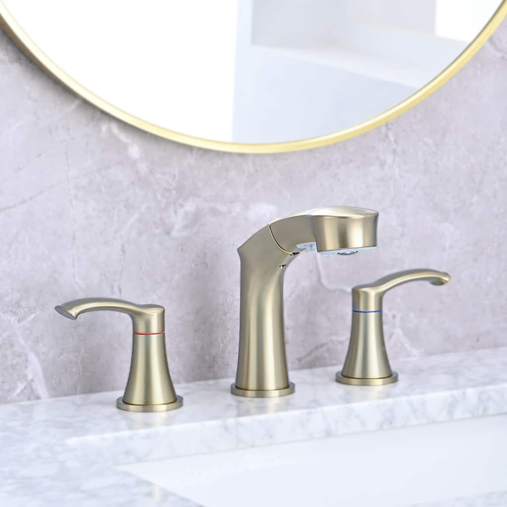 2 Handle Bathroom Sink Faucet with Pull Out Sprayer, Silent Splashback, Rust and Corrosion Resistant, Resists Discoloration