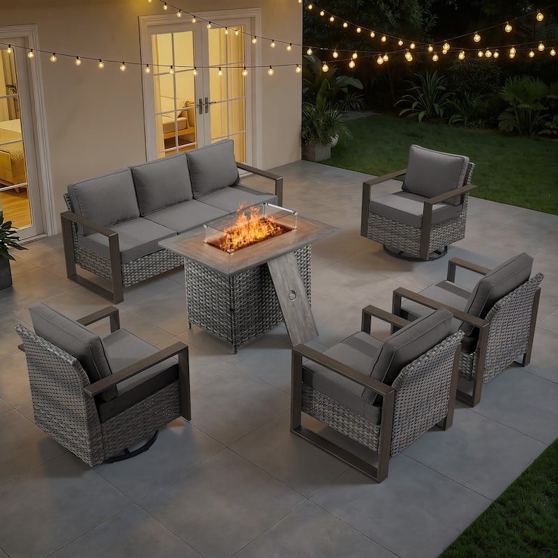 Meyreso Wicker Outdoor Patio Fire Pit Set with Swivel Gliders and Olefin Cushions - Gray / Gray Cushions - 6-Piece