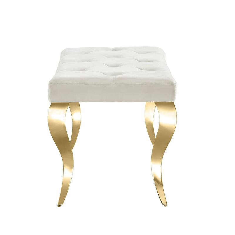 Luxury Velvet Bench Button Tufted Upholstered Dining Bench with Polished Metal Legs