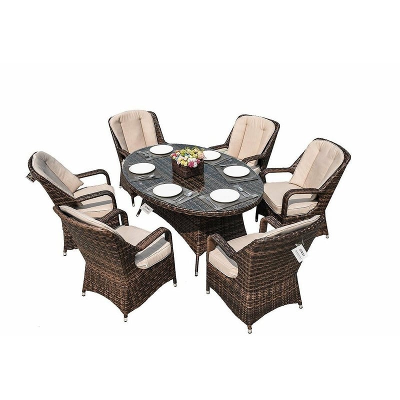 7-Piece Patio Wicker Dining Set with 6 Dining Chairs - N/A - Brown