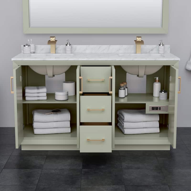 Strada 60-Inch Double Vanity Set, Carrara Marble Top, 58-Inch Mirror