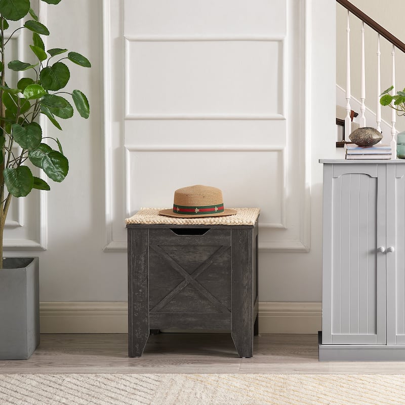 VECELO Storage Bench, Wooden Chest for Storage with Wicker Mat Safety Hinges Entryway Shoe Bench Storage Trunk(Set of 2)