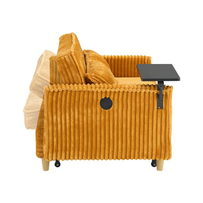 The pull-out and push-in green corduroy sofa with dual functions,equipped with a movable tabletop and USB ports