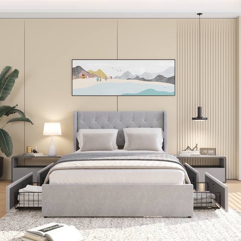 Full Size Platform Bed Frame with Wingback Headboard and 4 Hidden Storage Drawers, Stylish and Functional Bedroom Furniture