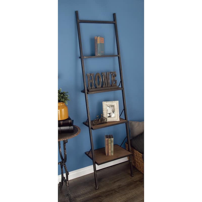 Brown Wood Metal Industrial Farmhouse Leaning Ladder 4 Shelf Storage - 20 x 14 x 77