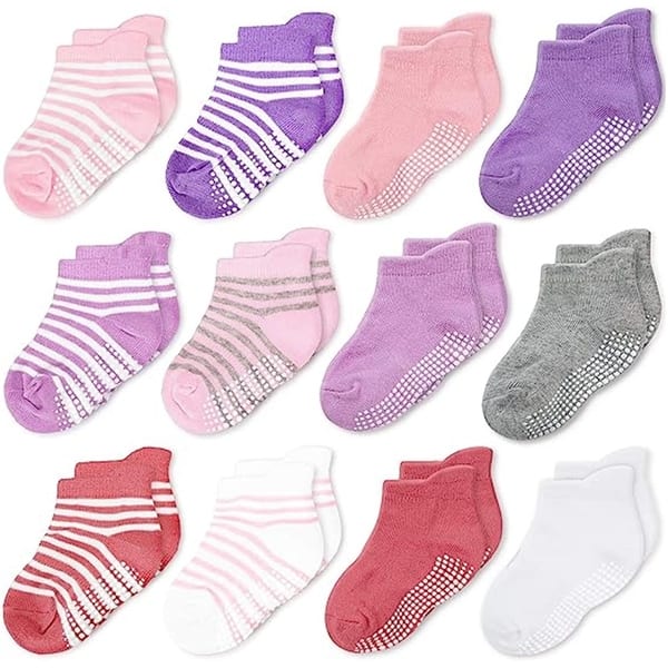 slide 2 of 6, CozyWay Non-Slip Ankle Style Socks with Grippers, 12 Pack, Multi Colored, 3-5 Years