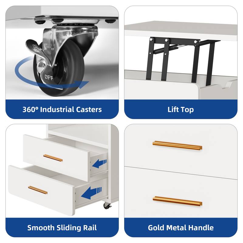 Moasis Lift top Nightstand with Charging Station LED Bedside Table with 2 Drawers