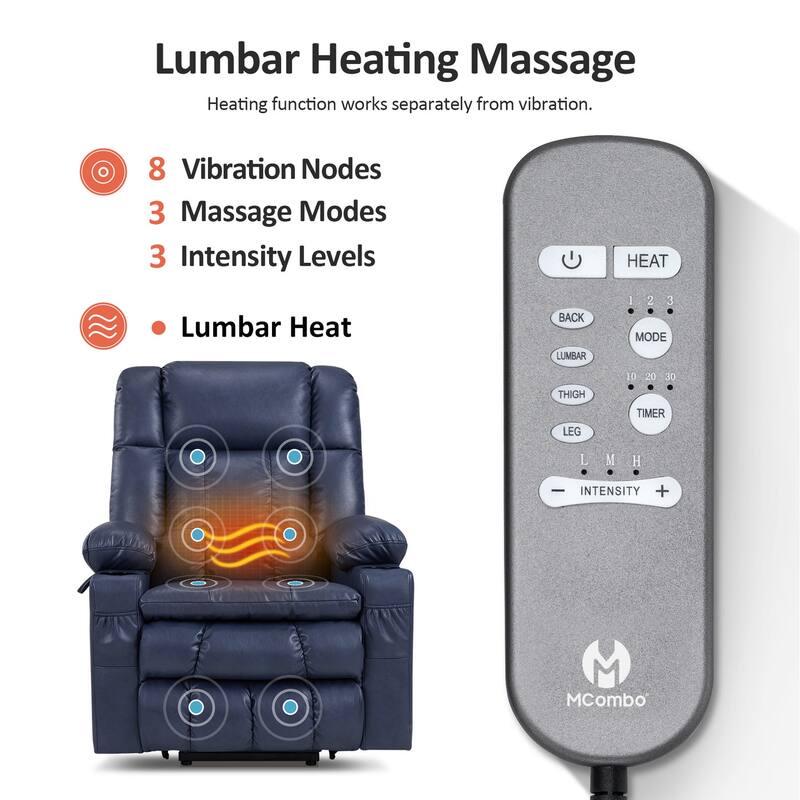 MCombo Large Dual Motor Power Lift Recliner Chair Sofa with Massage and Heat for Tall Elderly People, Faux Leather 7896