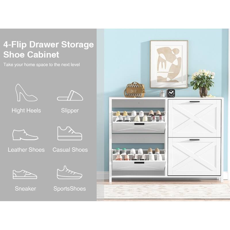 Farmhouse Shoe Cabinet with 4 Flip Drawers - Entryway Shoe Storage