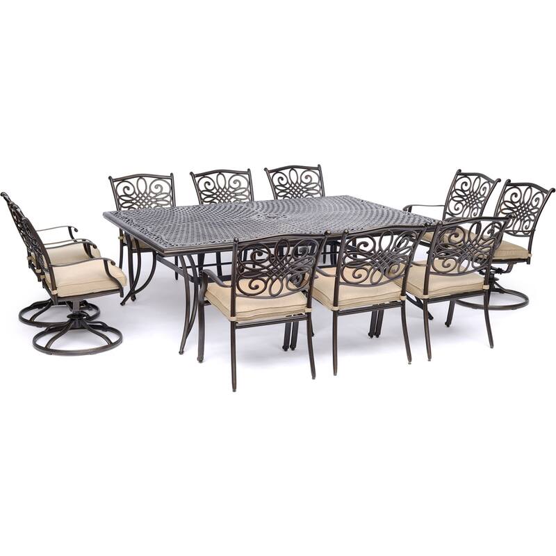 Hanover Traditions 11-Piece Dining Set in Tan with Four Swivel Rockers, Six Dining Chairs, and an Extra-Long Dining Table