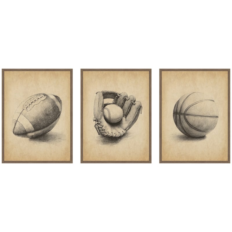 Kate and Laurel Walnut Antique Football 3 Piece Framed Canvas Wall Art Set by The Creative Bunch Studio - 3 Piece Set 18x24 - Walnut