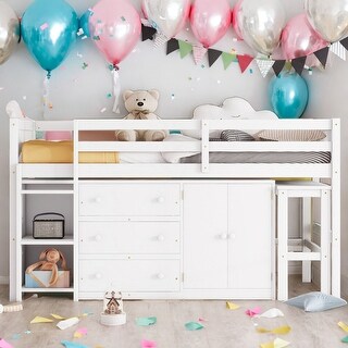 Modern Twin Size Low Loft Bed With Pull-Out Desk,Drawers,Cabinet and Shelves