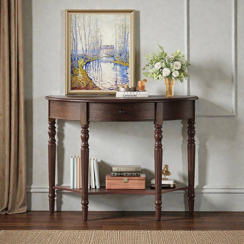 Farmhouse Half Moon Console Table with Drawer and Shelf, Rustic Solid Wood Entryway Sofa Table