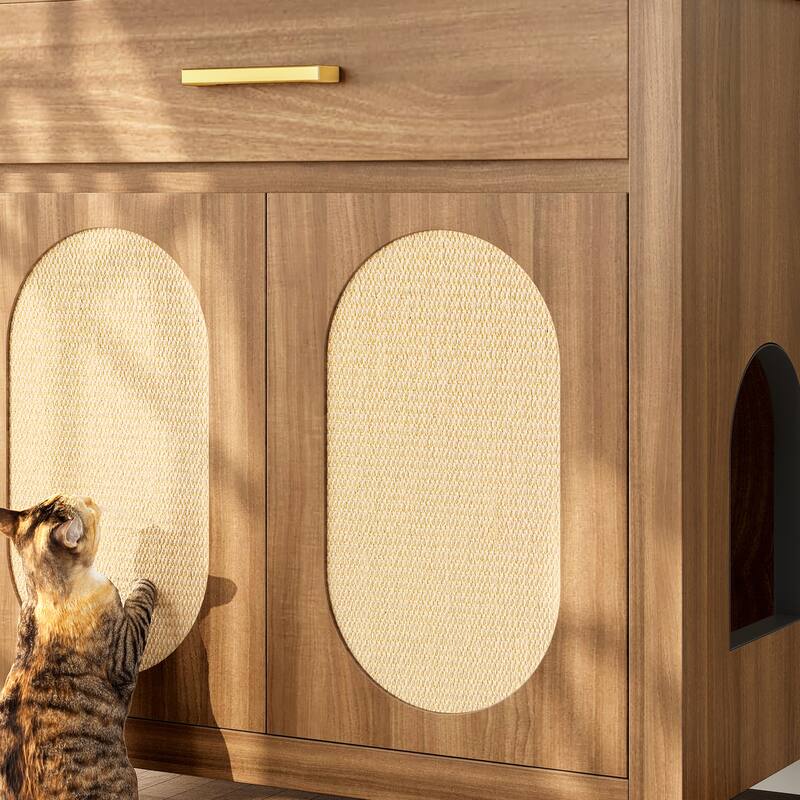 Cat Litter Box Enclosure, Hidden Cat Litter Box Furniture with Scratching Board Doors and Storage Drawer