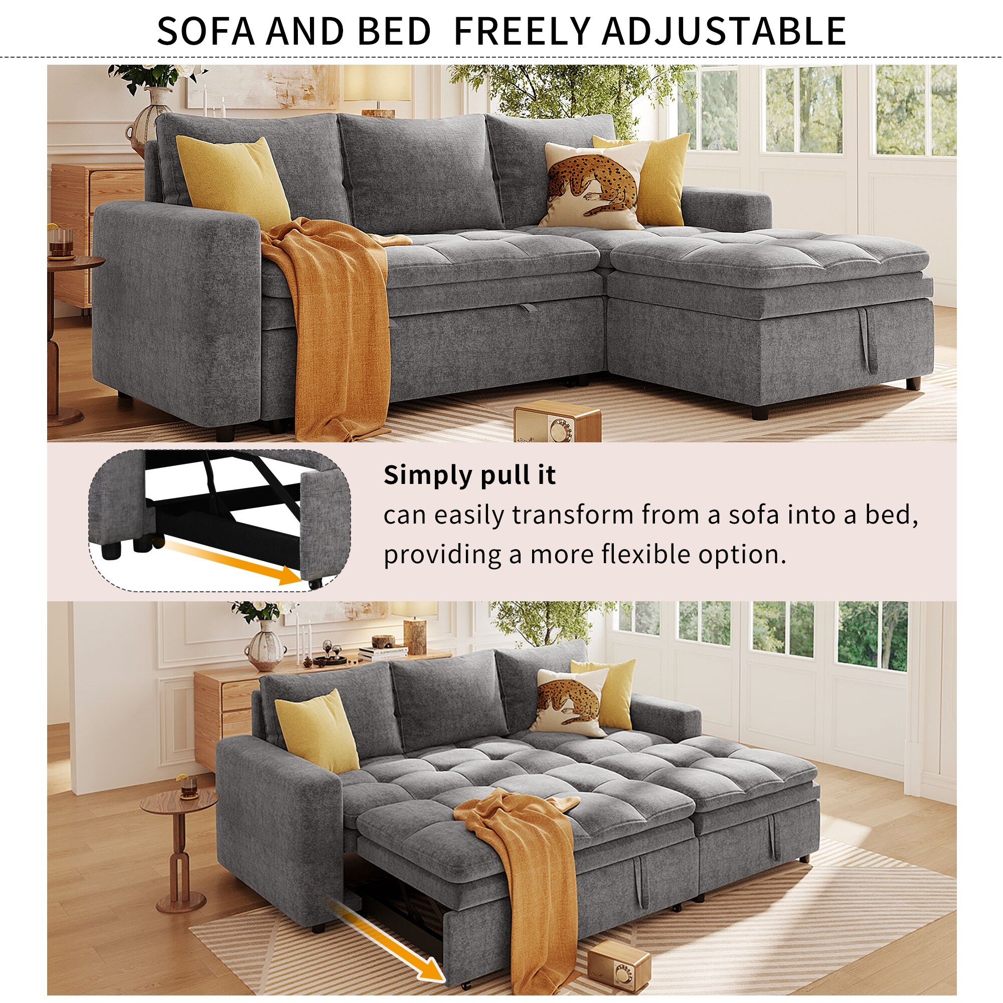 Seat Couch Convertible Sleeper Sofa Bed with Storage Chaise