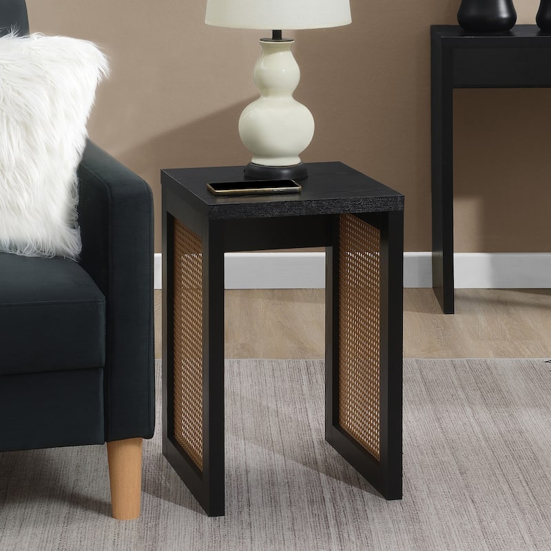 Minimalist Square End Table with Woven Rattan Panel Sides and Modern Boho Design for Living Room or Bedroom - 15.75