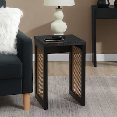 Minimalist Square End Table with Woven Rattan Panel Sides and Modern Boho Design for Living Room or Bedroom - 15.75
