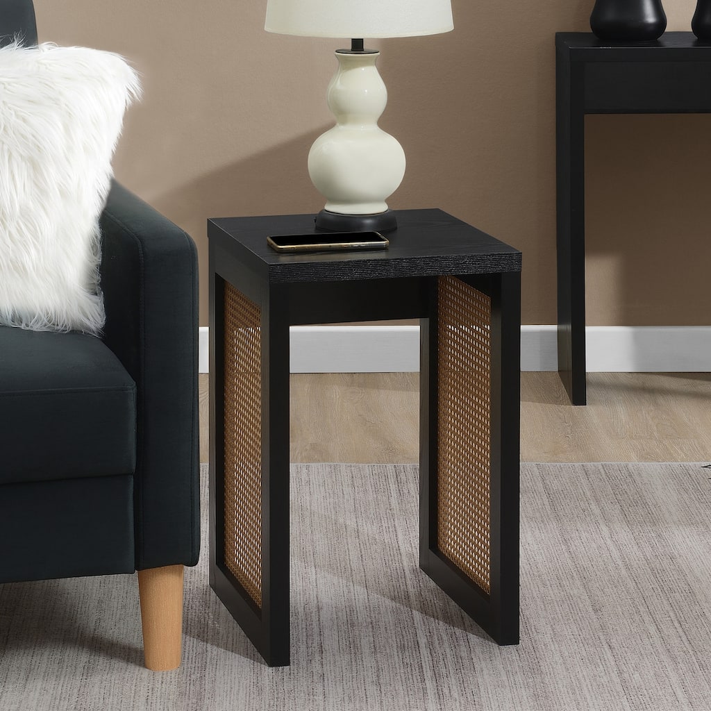 Minimalist Square End Table with Woven Rattan Panel Sides and Modern Boho Design for Living Room or Bedroom - 15.75