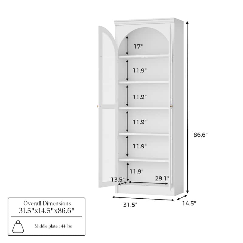 Modular White Bookcase with LED Lights & Glass Doors, 86.6" Tall Arched Display Cabinet Solid WoodStorage Cabinet