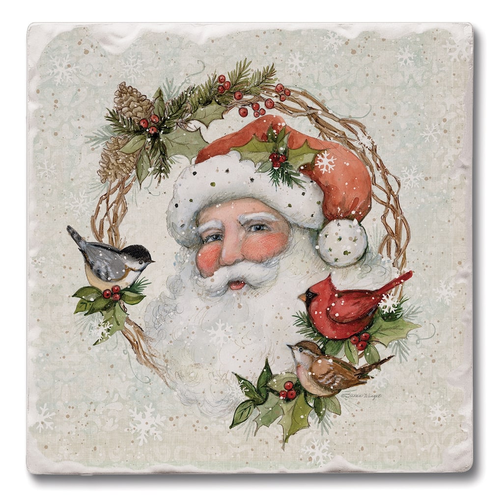 Absorbent Stone Beverage Coasters - Set of 4 - - Winter Forest Santa - Multi-63
