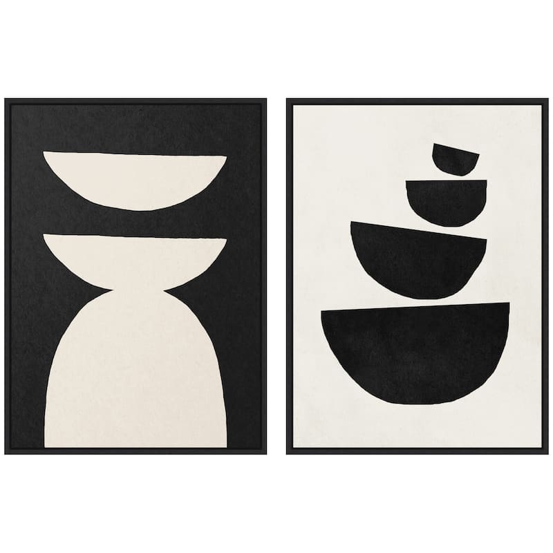 Kate and Laurel Sylvie White Geometric Abstract and Black Geometric Abstract Framed Canvas Art Set by July Art Prints