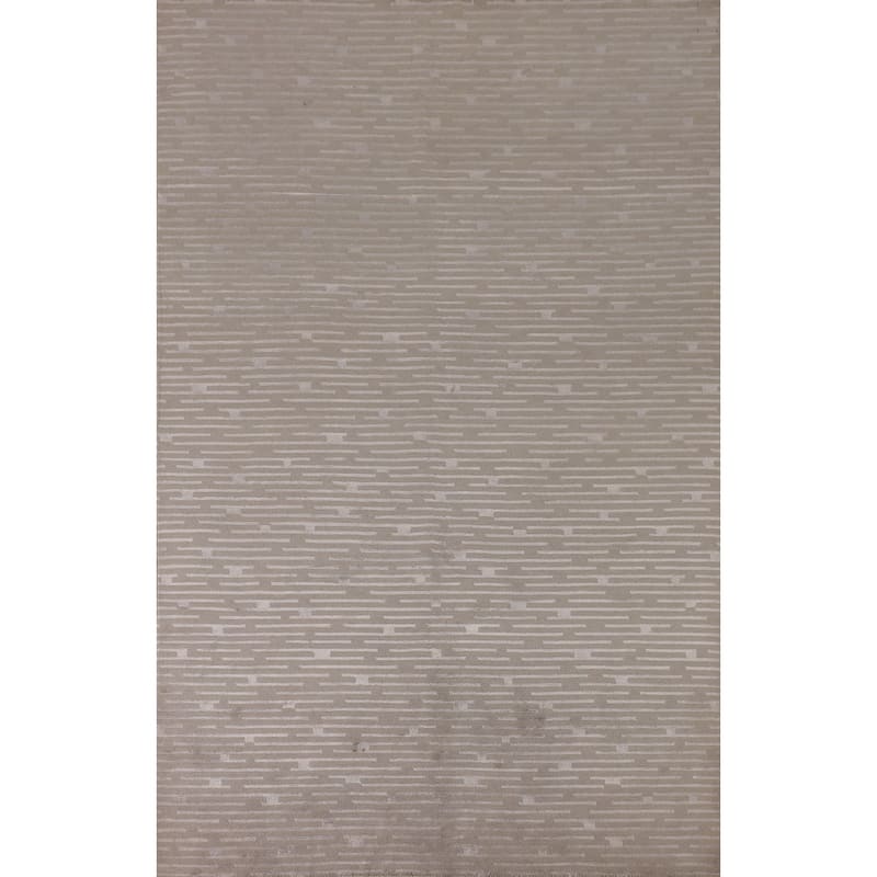 Beige Striped Nepalese Oriental Area Rug Hand-Knotted Wool Carpet - 5'10" x 8'8"