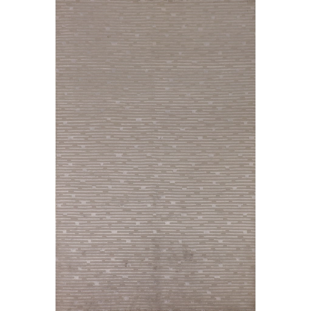 Beige Striped Nepalese Oriental Area Rug Hand-Knotted Wool Carpet - 5'10" x 8'8"