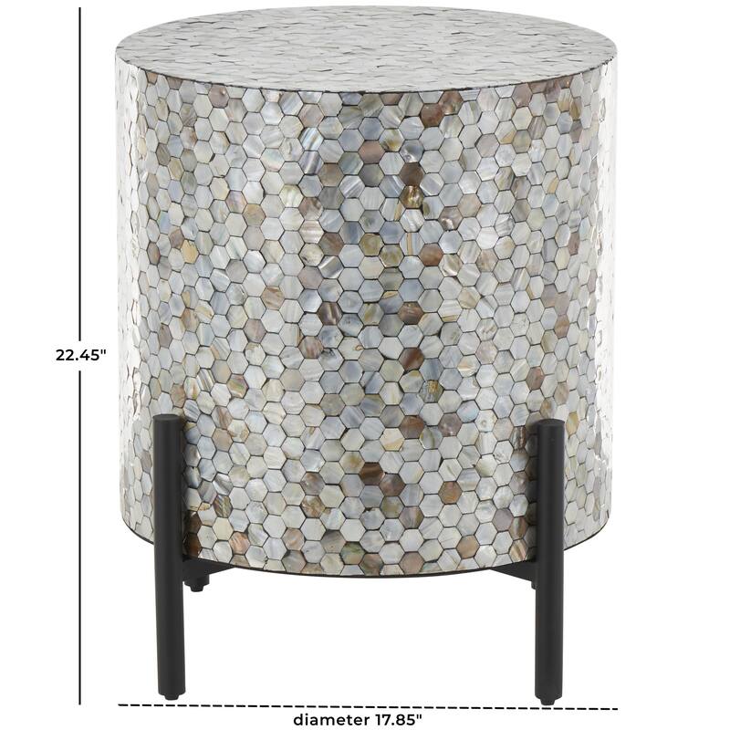 Mother of Pearl Shell Geometric Handmade Mosaic Inlay Accent Table with Black Metal Legs - Multi Colored - Roche River Decor