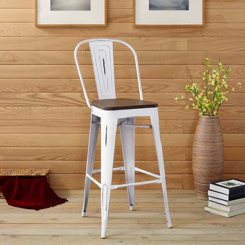 Industrial Modern Steel Bistro Bar Stool With Bamboo Seat in Black