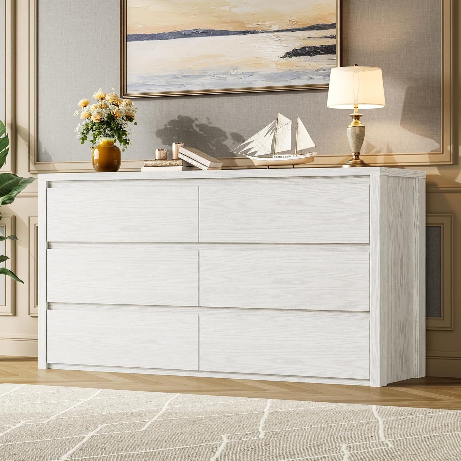 6 Drawer Dresser for Bedroom, Wide Handle-Free Wooden Chest of Drawers, Modern Storage Cabinet for Living Room