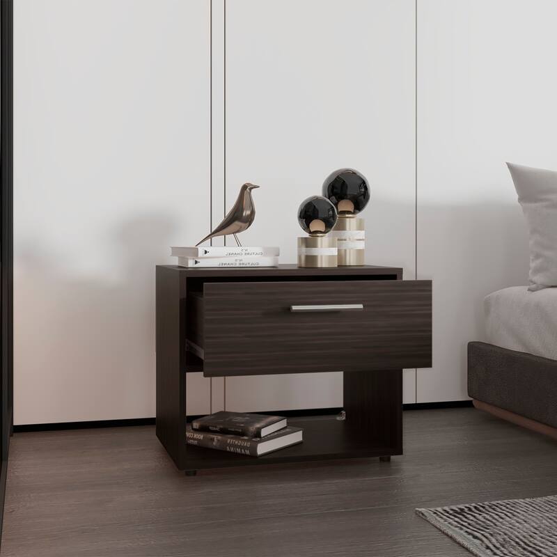 Compact Nightstand with Drawer and Shelf, Modern White and Oak Finish