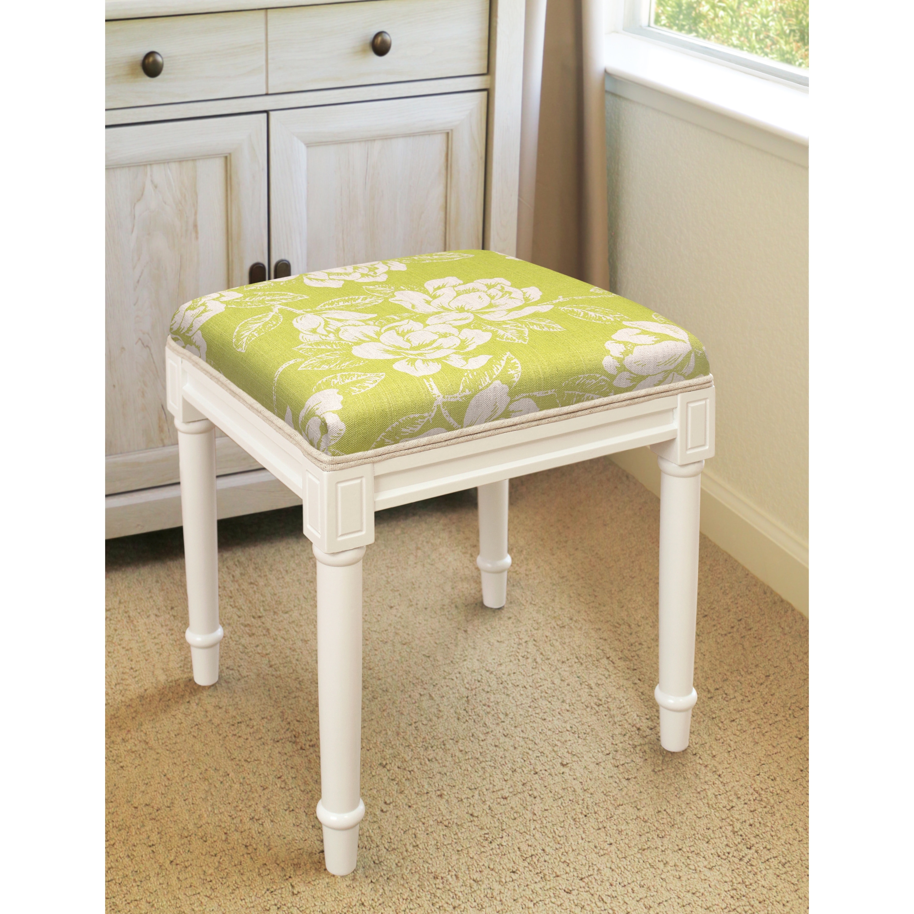 Chartreuse Magnolia Vanity Stool with White Frame