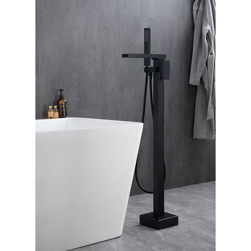 Single Handle Waterfall Tub Filler Freestanding Bathtub Faucet with Hand Shower in Black - Black