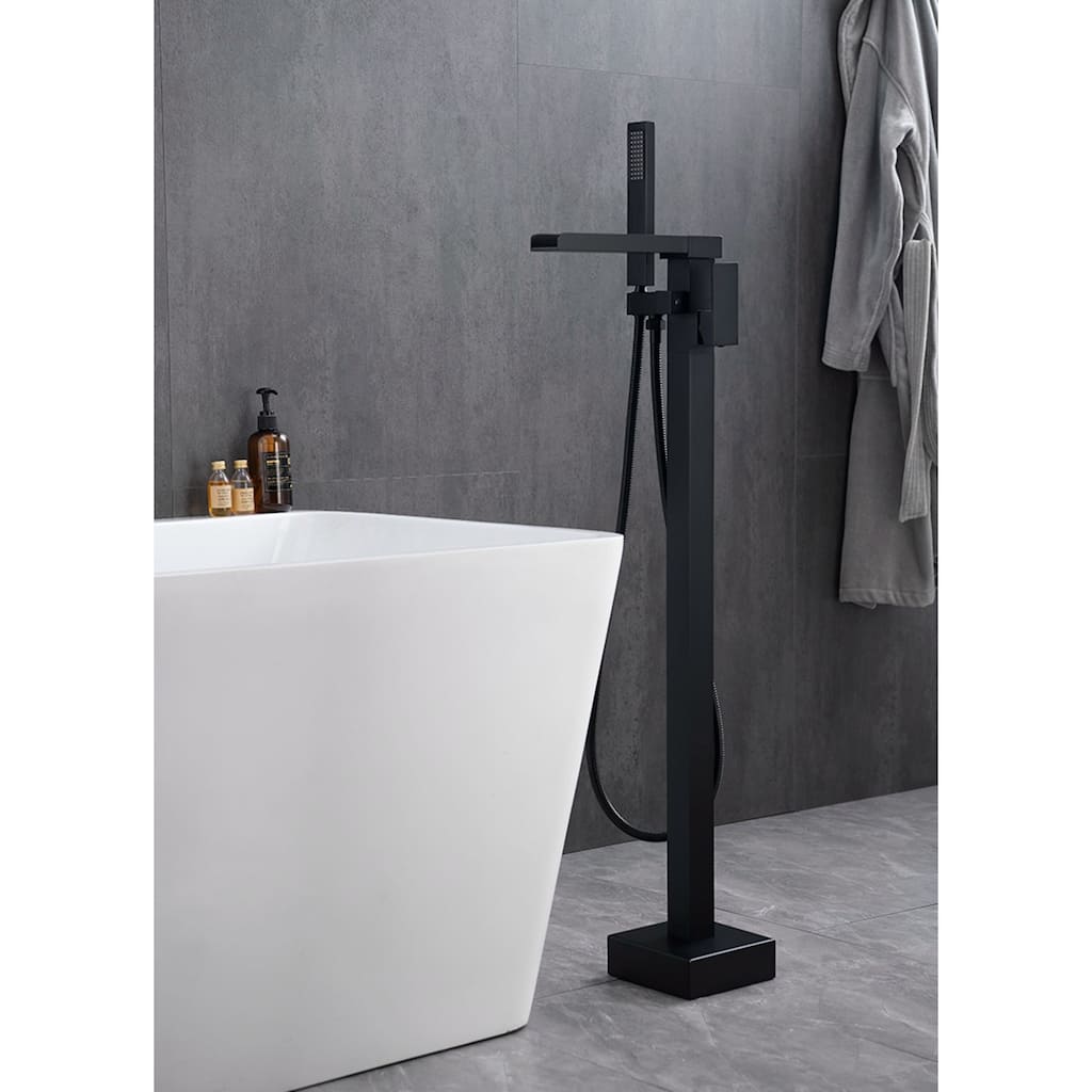 Single Handle Waterfall Tub Filler Freestanding Bathtub Faucet with Hand Shower in Black