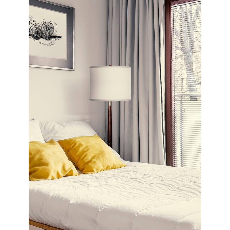 Brightech Lucas 61 in. Walnut Brown Mid-Century Modern LED Super Bright Floor Lamp with White Fabric Drum Shade