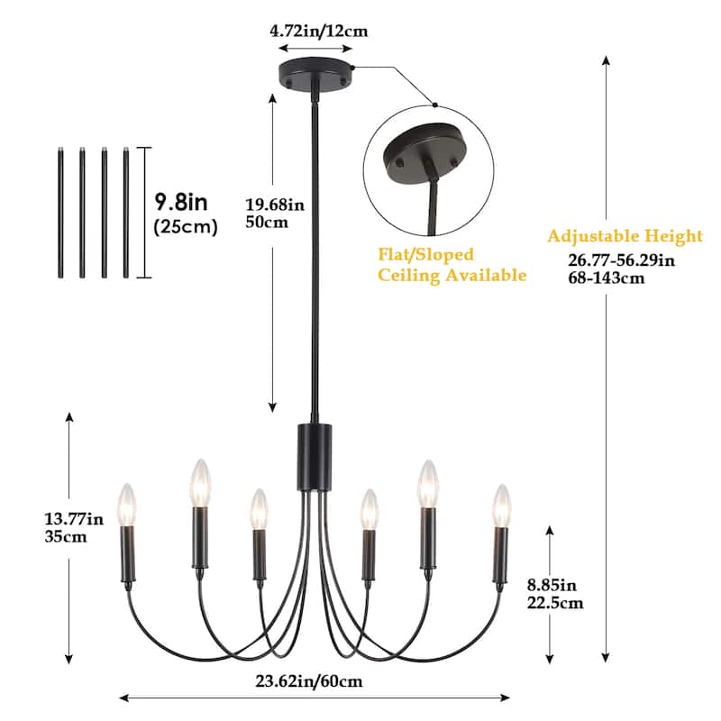 6-Light Modern Chandelier, Farmhouse Chandelier, Candle Style Chandelier for Dining Living Room Kitchen Island - 23.62"Dx8.86"H