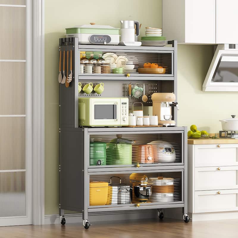 64" H Kitchen Pantry Cart with Storage Cabinet and Bakers Rack for Kitchen