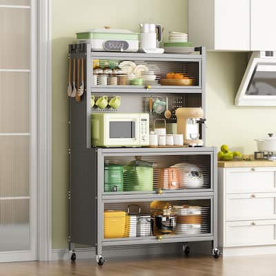 64" Kitchen Pantry Storage Cabinet, 5 Tier Metal Storage Cabinet with Wheels, Transparent Flap Door & DIY Hole Board