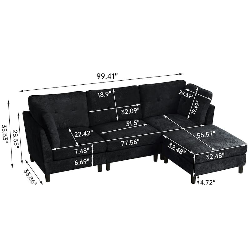 99.4" Chenille High Armrest L Shaped Sofa with Ottoman