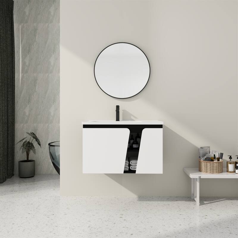 Floating Wall-Mounted Bathroom Vanity With Single Sink - White+Black 32 Inch
