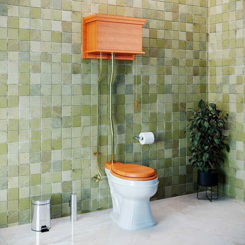 High Tank Toilet - Light Oak Raised Tank, White Round Bowl and Chrome L Pipes Renovators Supply