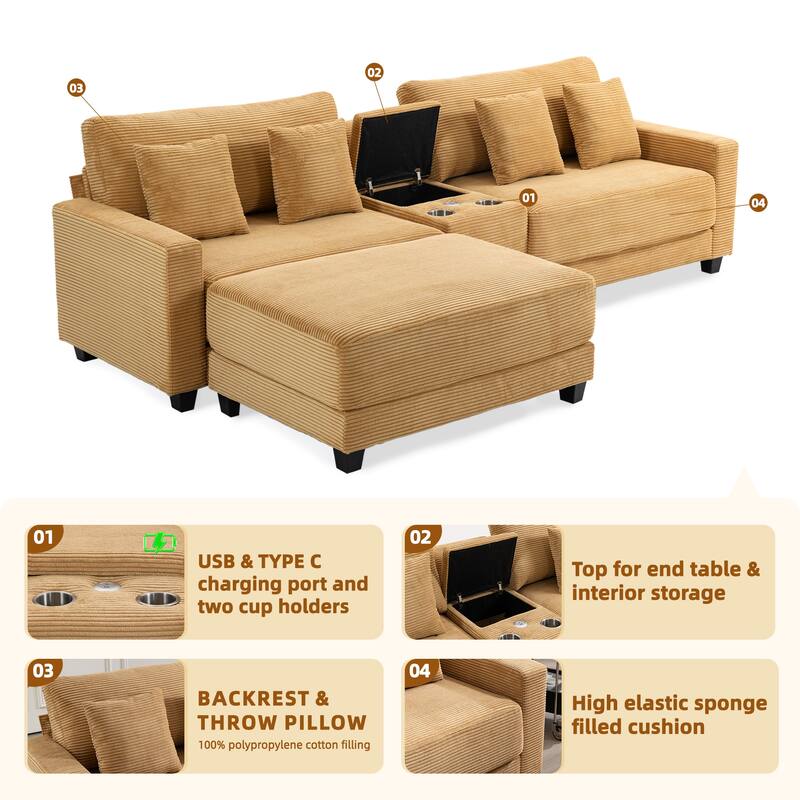Oversized Corduroy Upholstered Sofa with a Removable Ottoman & 4 Pillows